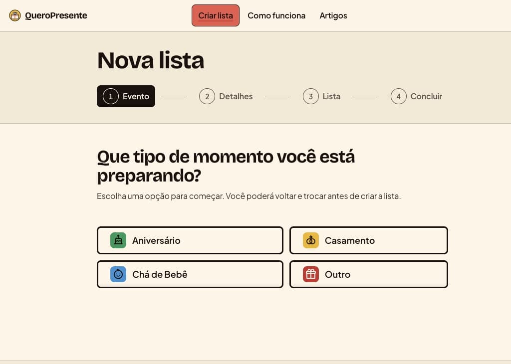 Opções de ocasião na etapa 1