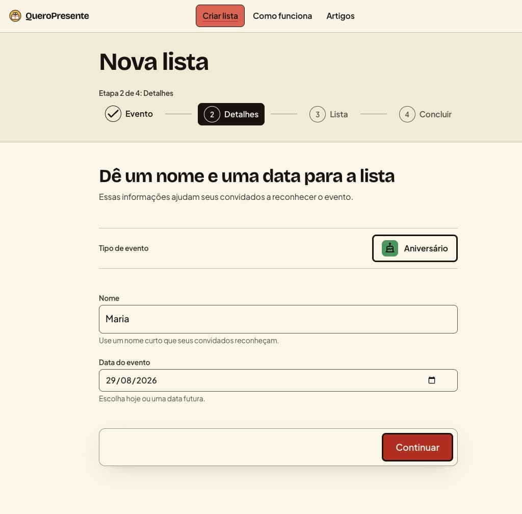 Campos de nome e data na etapa 2