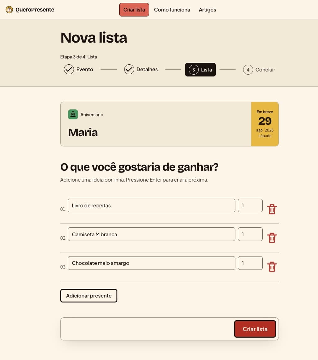 Inclusão de presente na etapa 3