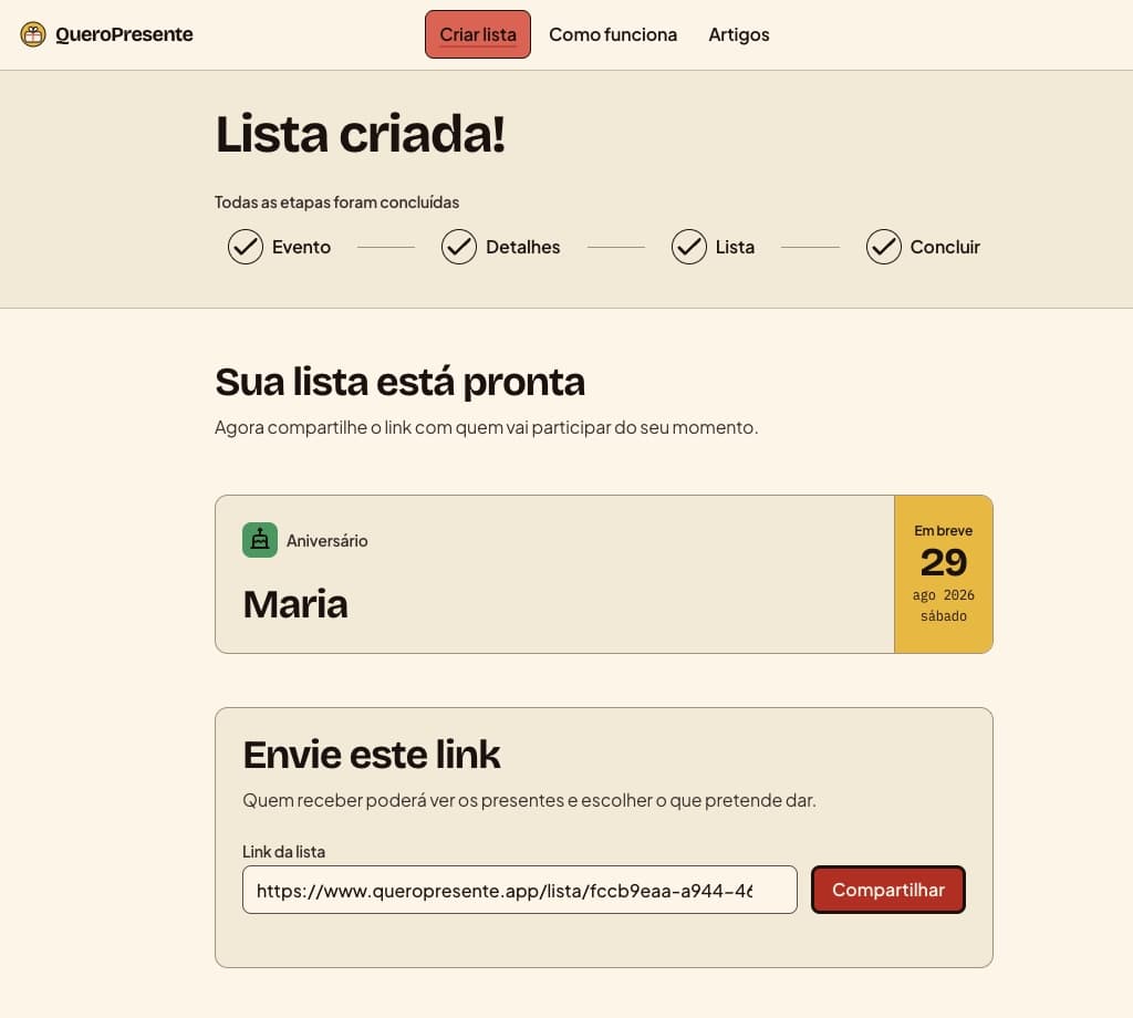 Lista criada e ação de compartilhar na etapa 4